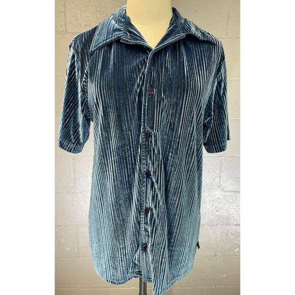 Vintage 1990s Steel Blue Velour Button Up Shirt Epidemic Small Rave Club Disco - Picture 1 of 8
